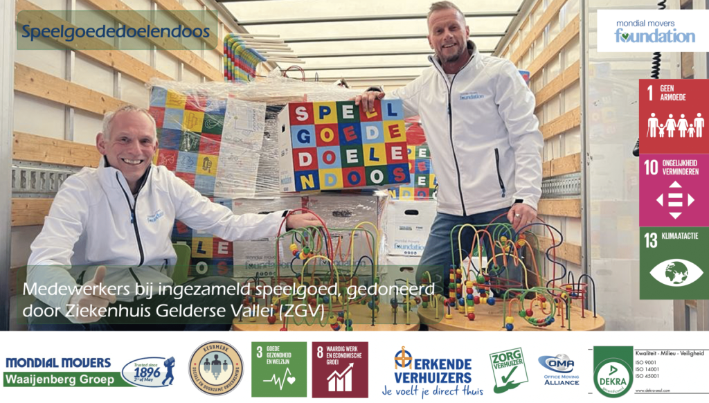 Mondial Waaijenberg Groep inzameling speelgoed in speelgoededoelendoos donatie door Ziekenhuis Gelderse Vallei